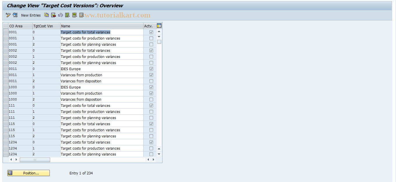 SAP TCode OKV7 - Target Cost Versions for Cost Objs