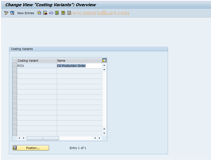 SAP TCode OKY2 - Costing Variants CO Production Order