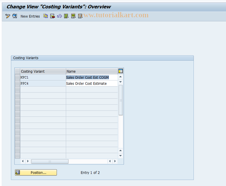 SAP TCode OKY9 - Costing Variants (Sales Order)