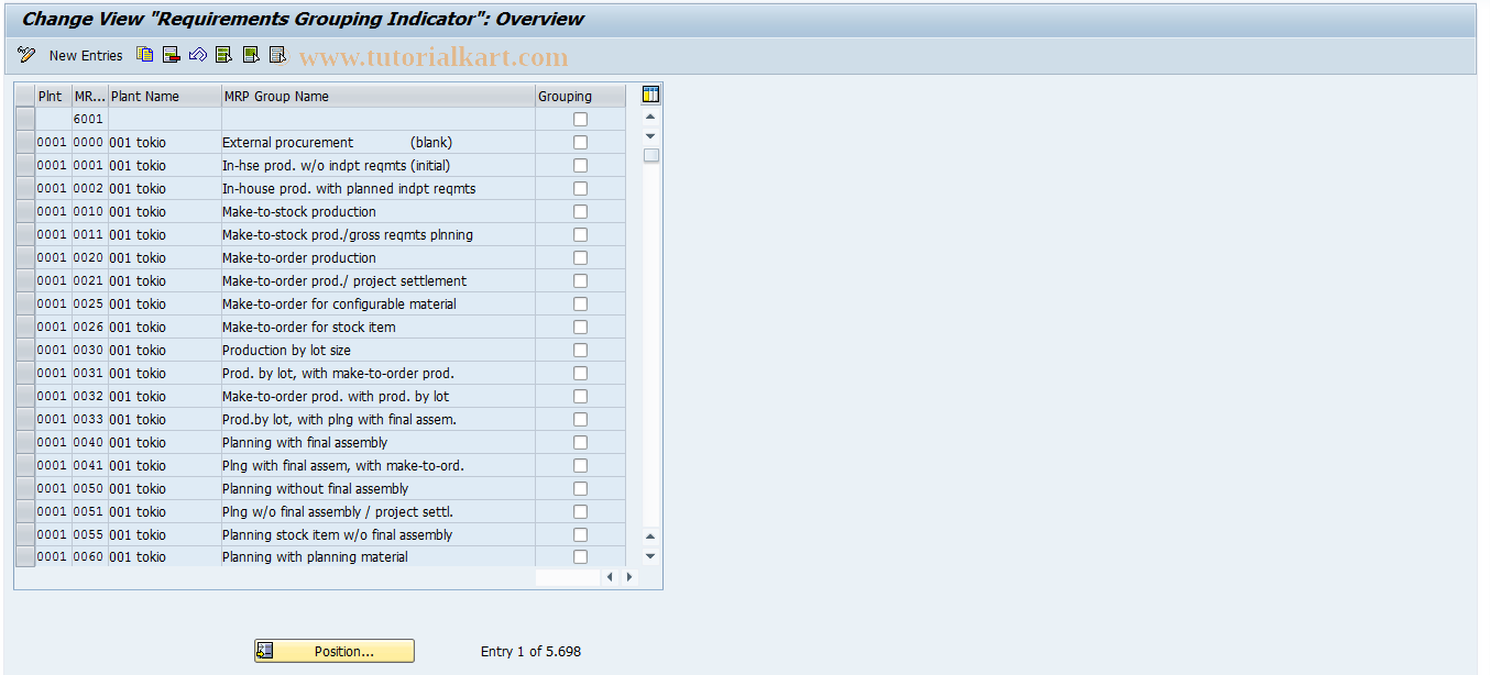 SAP TCode OM0C - Requirements Grouping