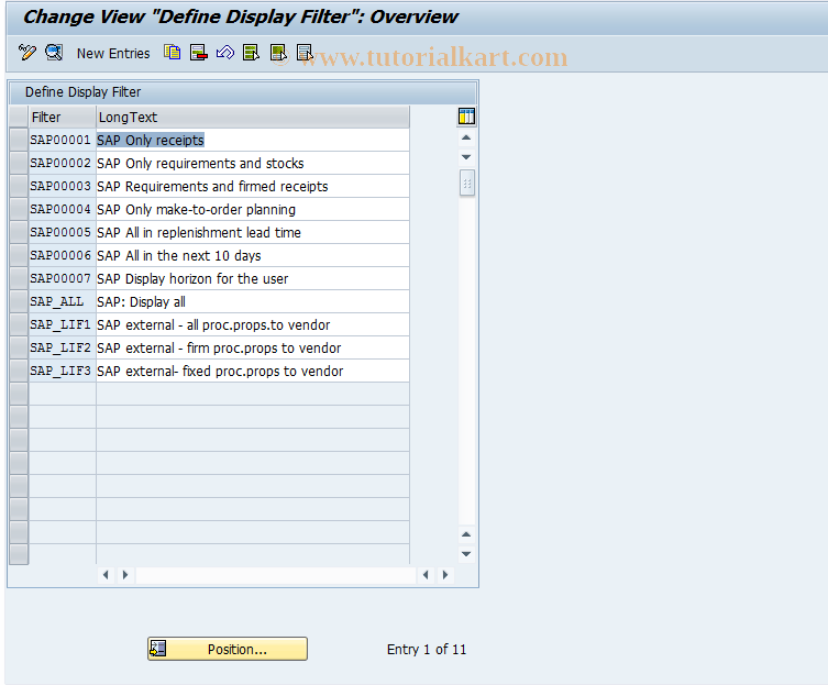 SAP TCode OM0J - Declaration Display Filter