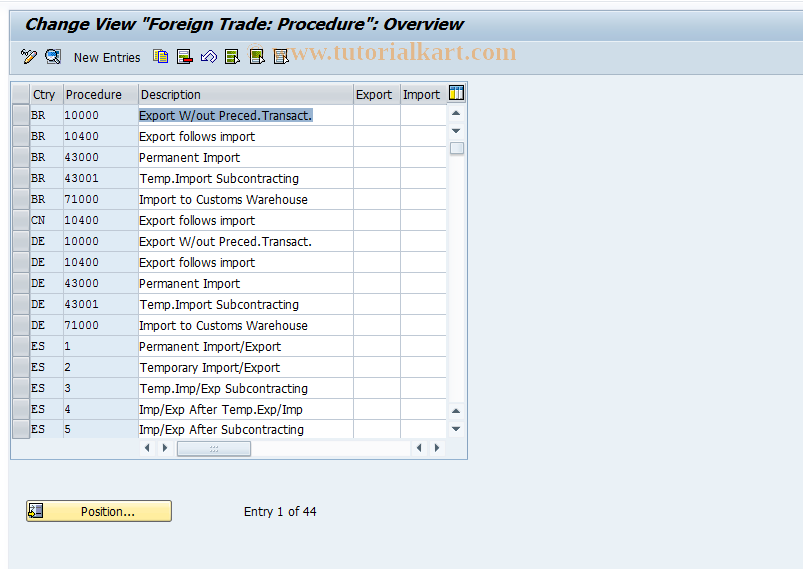 SAP TCode OMG6 - C MM-PUR Import Procedures