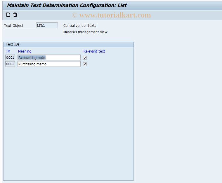 SAP TCode OMGA - C MM-PUR Texts: Creditor (Central)