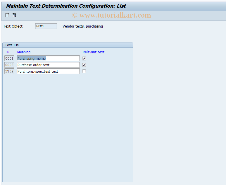 SAP TCode OMGB - C MM-PUR Texts: Creditor ( Purchase )