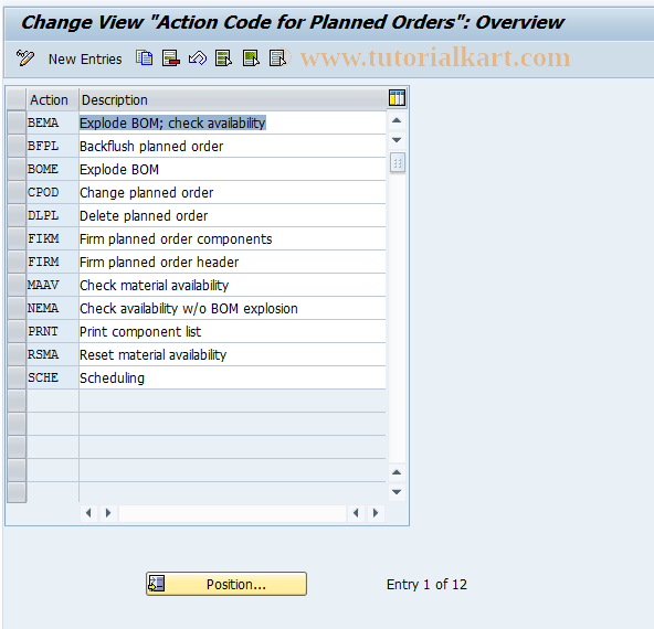 SAP TCode OMIU - Action Code - Planned Order Control