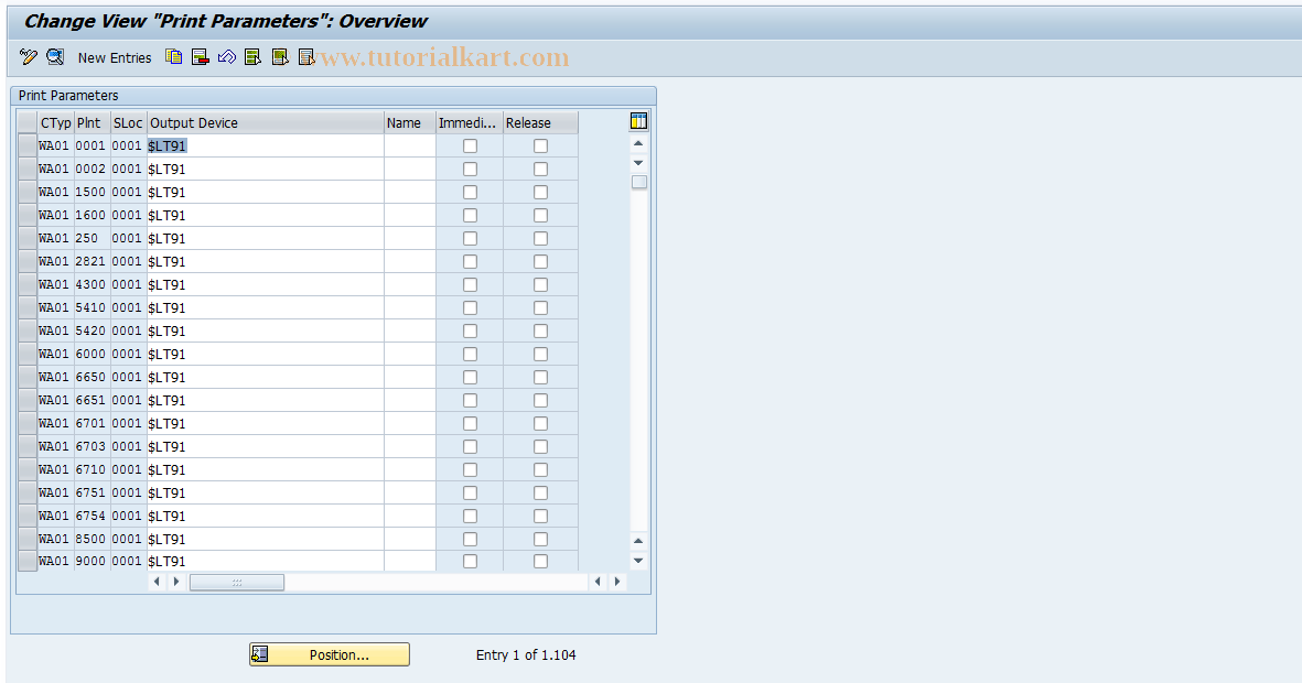 SAP TCode OMJ3 - Printer Determination Plant/SLocation 