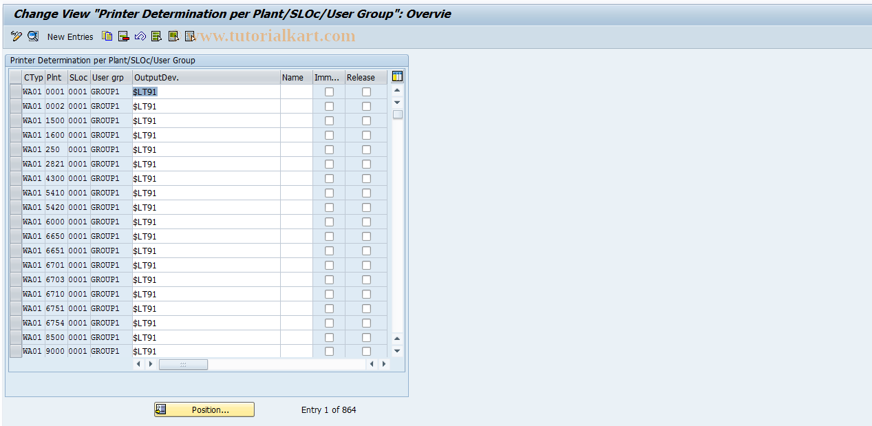 SAP TCode OMJ4 - Printer Determ: Plant/SLocation /User Group 