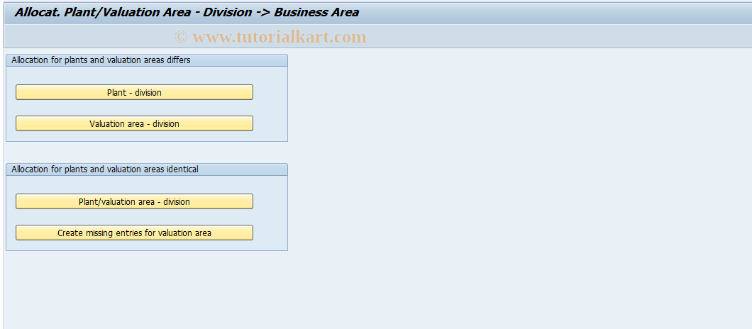 SAP TCode OMJ7 - Plant/ Valuation Area - Divis. -> Busin.Ar.