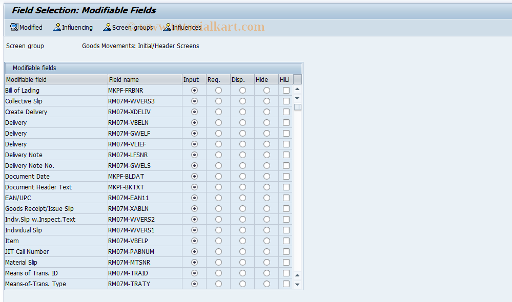 SAP TCode OMJN - General field selection: goods mvmnt