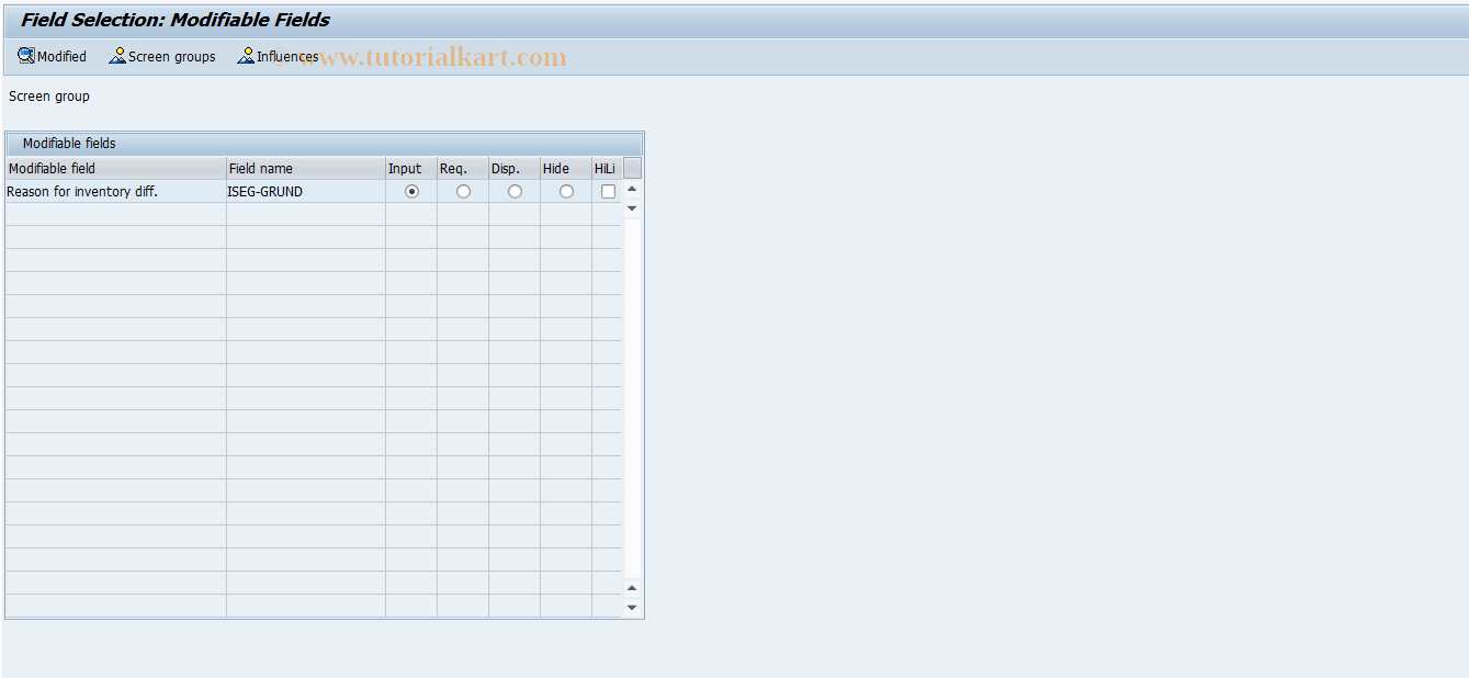 SAP TCode OMJU - Gen. field selection, physical inv.