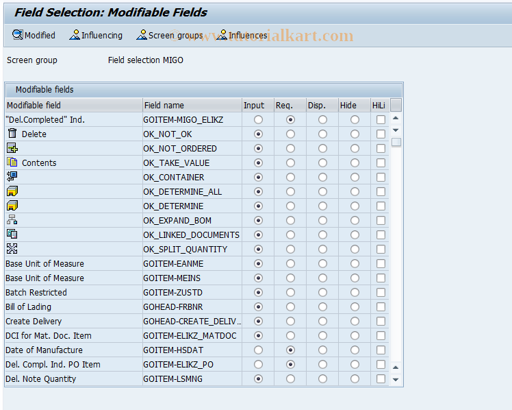 SAP TCode OMJX - GR Field Selection From Procurement