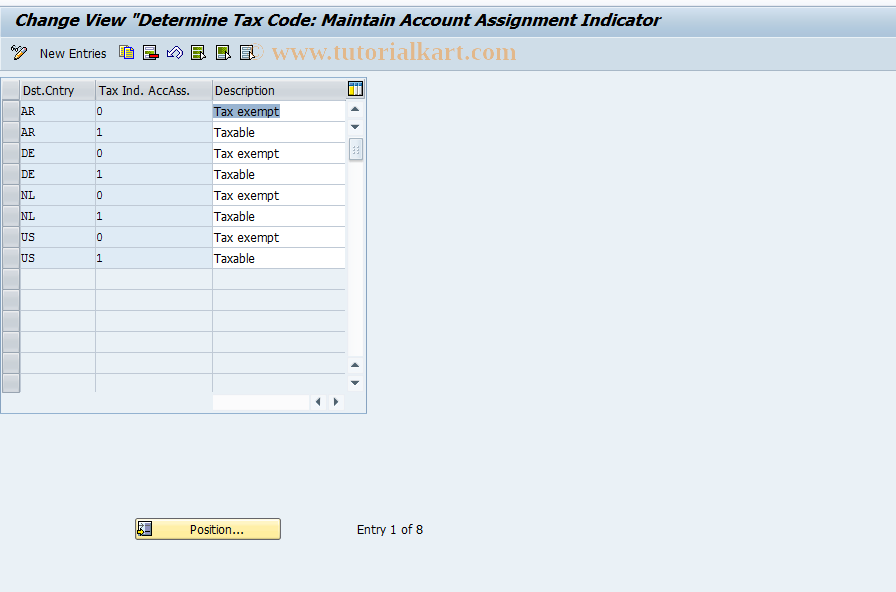 SAP TCode OMKL - C MM-PUR Tax Indicators: Acc. Assgt.