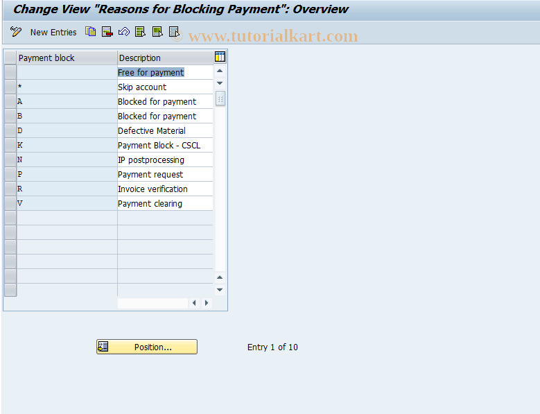 SAP TCode OMR9 - C RM-MAT MR Payment Block Reasons