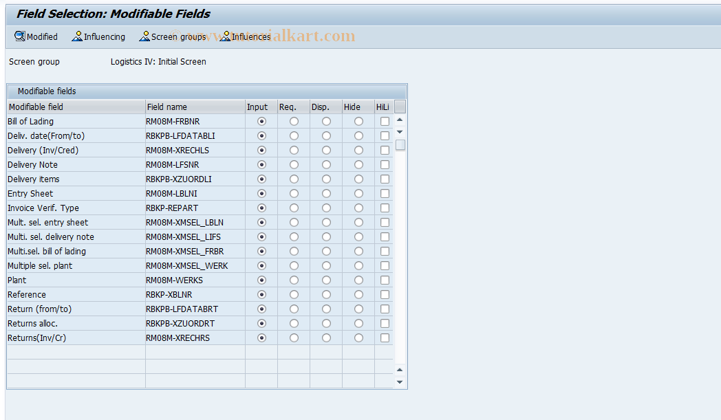 SAP TCode OMRMA - Screen Selection Initial Screen