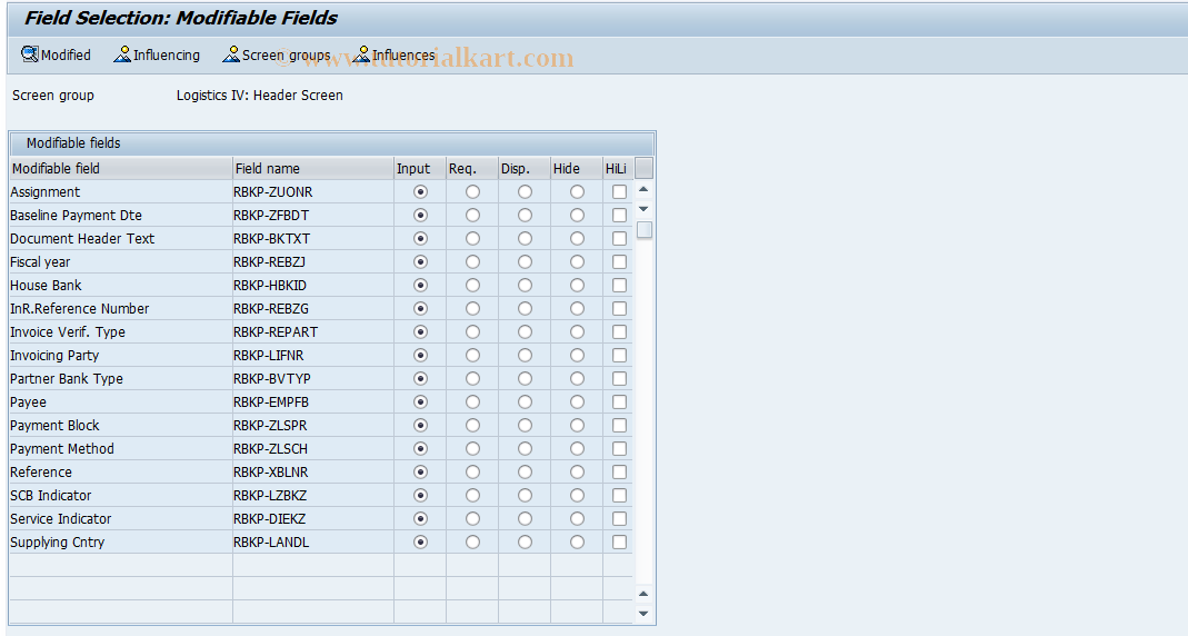 SAP TCode OMRMB - Screen Selection Header Data Screen