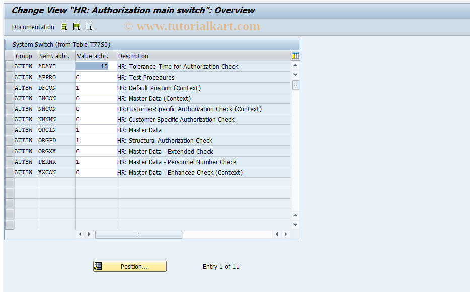 SAP TCode OOAC - HR: Authorization main switch