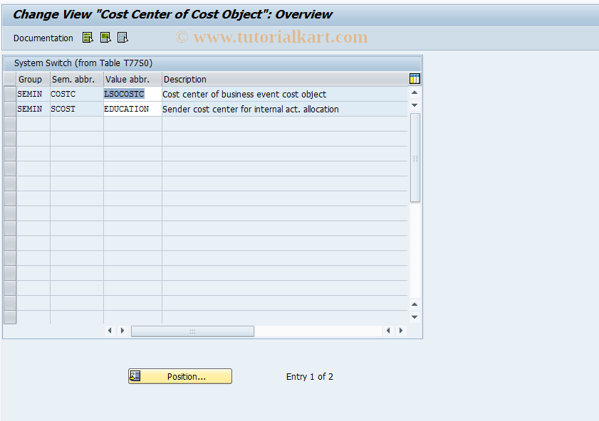 SAP TCode OOCC - Cost Center of Cost Object