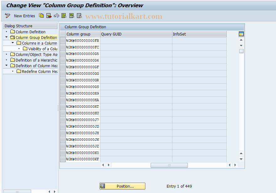 SAP TCode OOCOLFRAMCUST - Column Framework Customizing