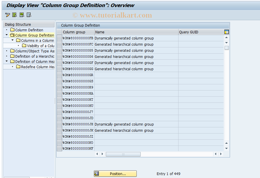 SAP TCode OOCOLFRAMCUST_DISP - Column Framework Customizing