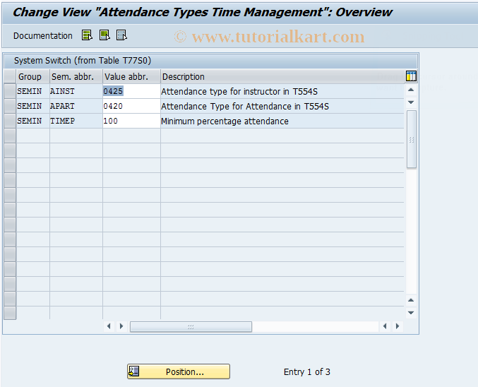 SAP TCode OOZS - Attendance Types Time Management