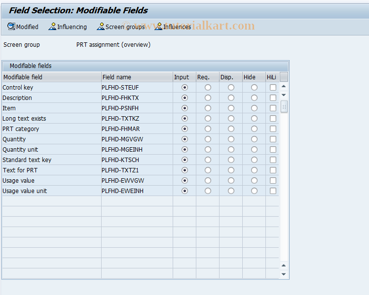 SAP TCode OP5E - Field selection task list overview