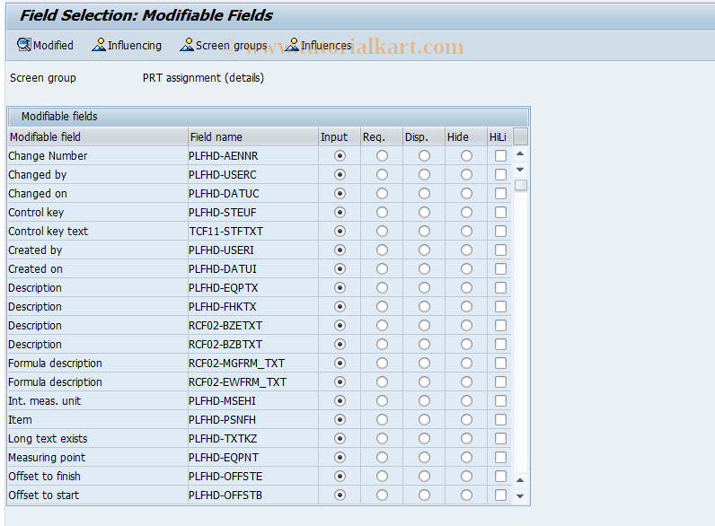 SAP TCode OP5F - Field selection std network -> PRT