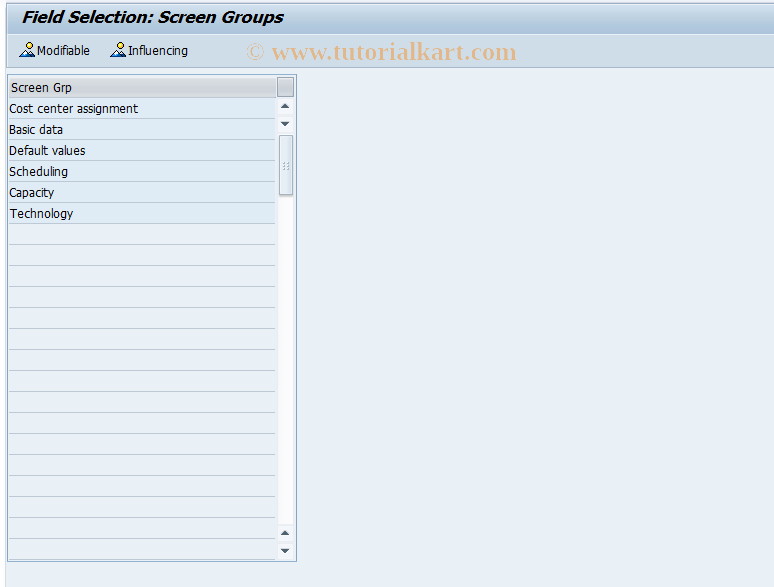 SAP TCode OPFA - Field Selection: Work Center
