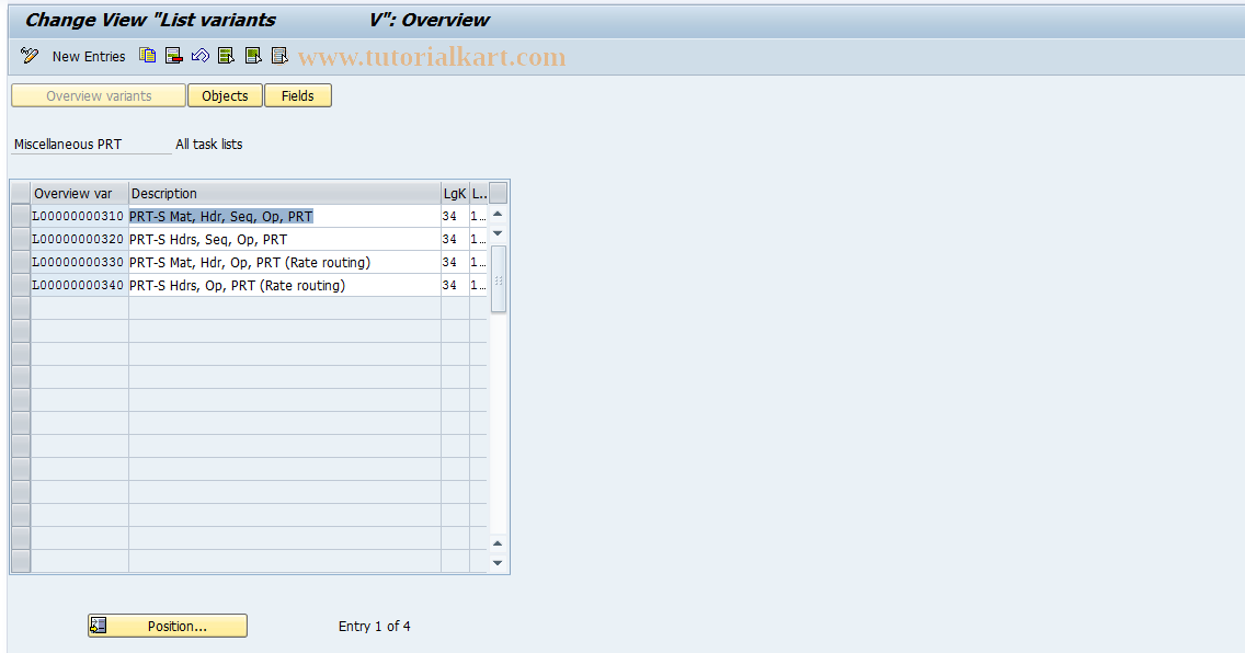 SAP TCode OPGK - Misc. PRT - All Task Lists