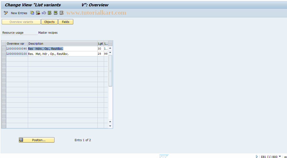 SAP TCode OPGL - Resource - Master Recipes (PI)