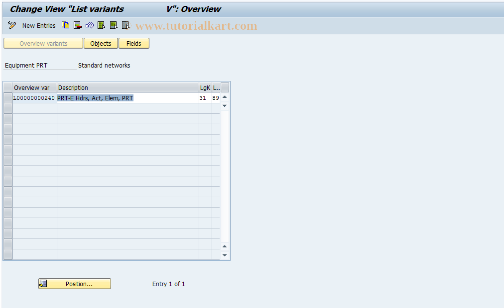 SAP TCode OPGT - Equipment PRT - Standard Network(PS)