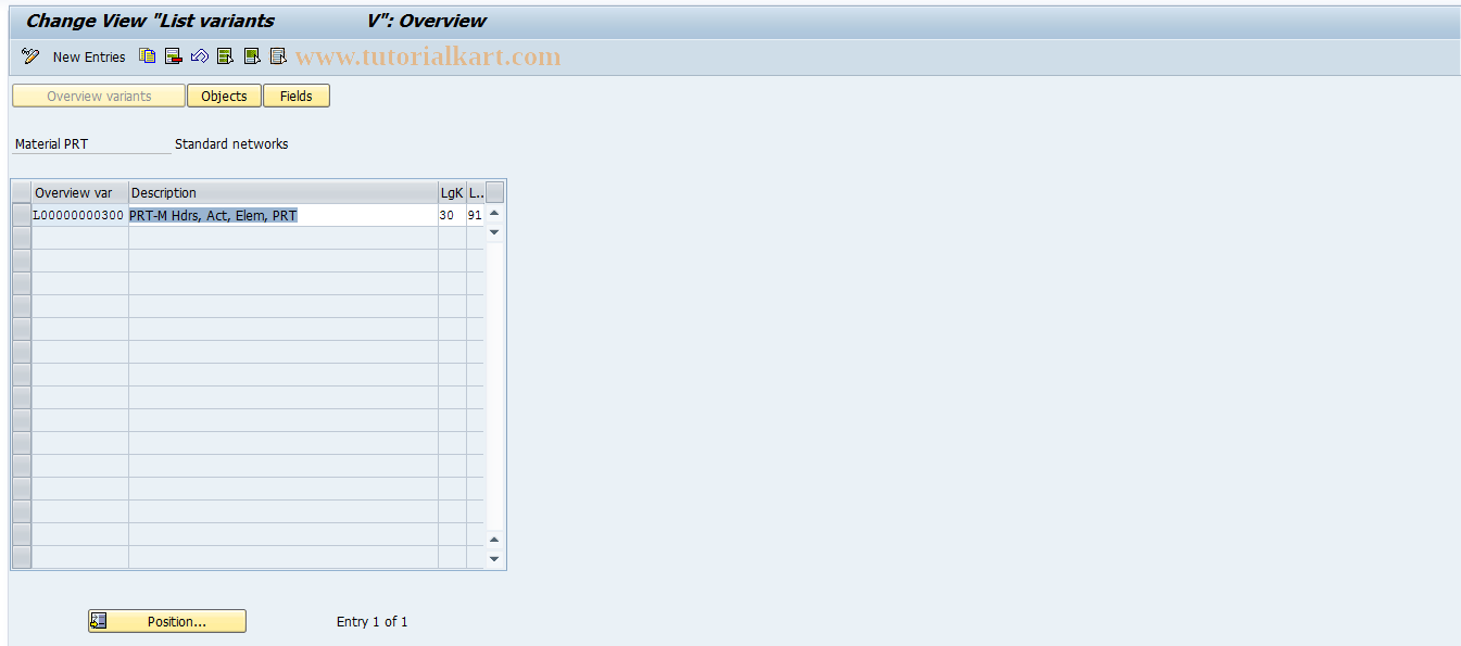 SAP TCode OPGU - Material PRT - Standard Network (PS)