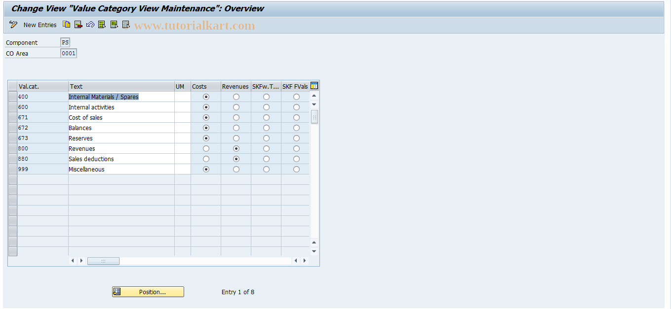 SAP TCode OPI1 - Maintain Value Categories