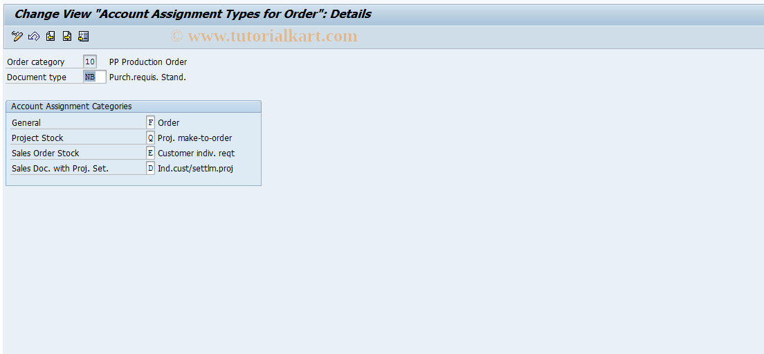 SAP TCode OPJP - Maintenance acct.assgnm.types for orders