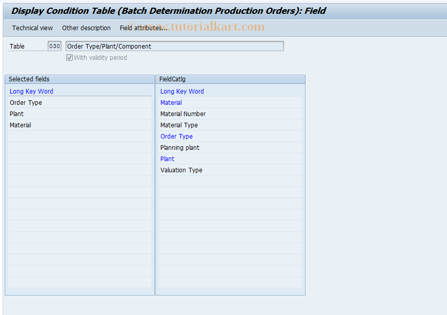 SAP TCode OPLD - CondTab: Display (batches, prod.)