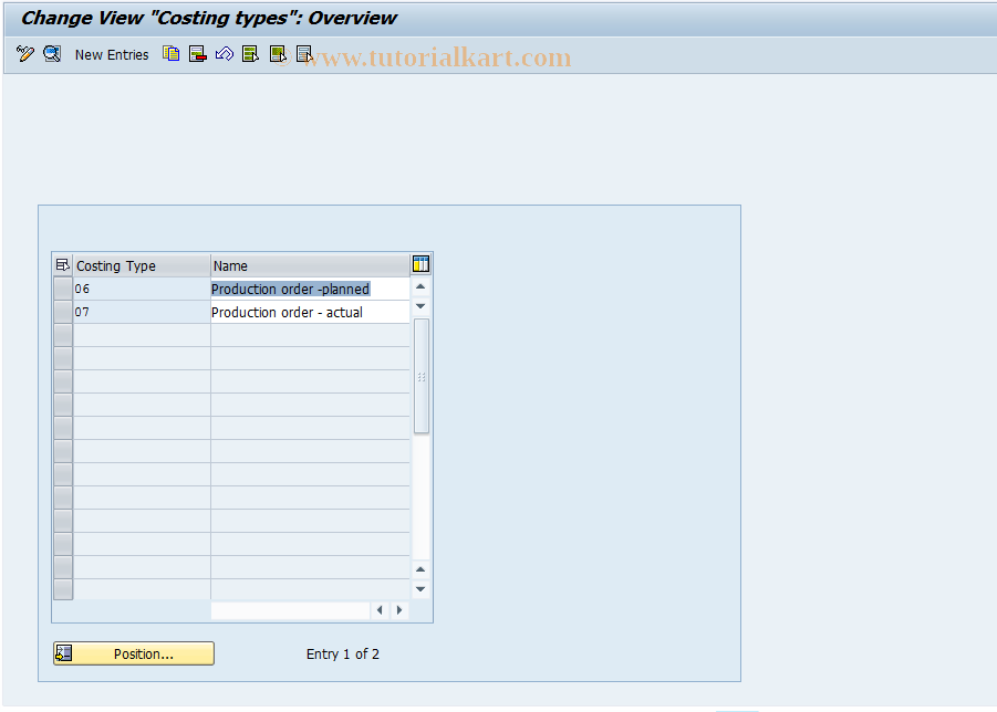 SAP TCode OPM1 - Costing Variants - Production Order