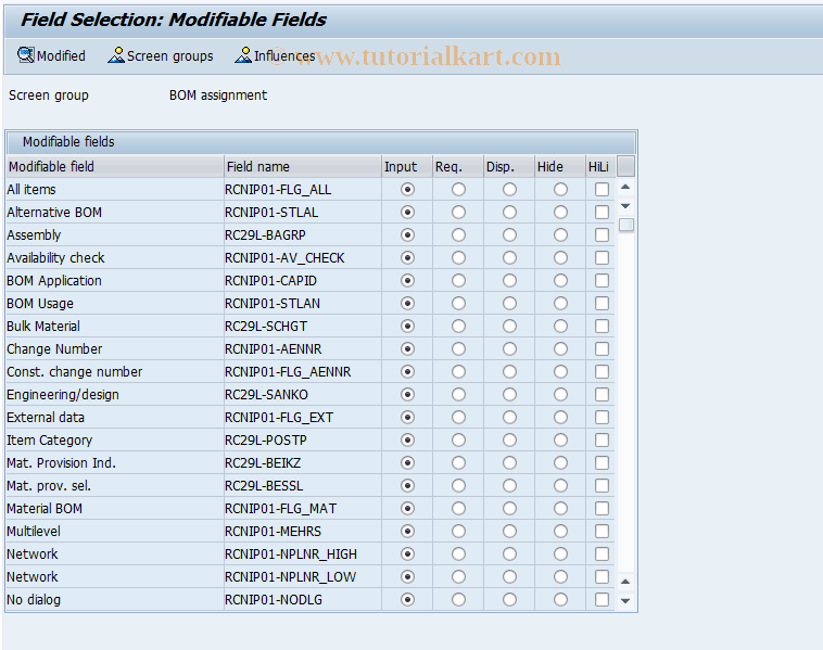 SAP TCode OPMF - Field Selection - BOM Transfer