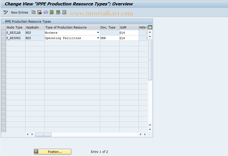 SAP TCode OPPERES01 - Customizing for Production Resources