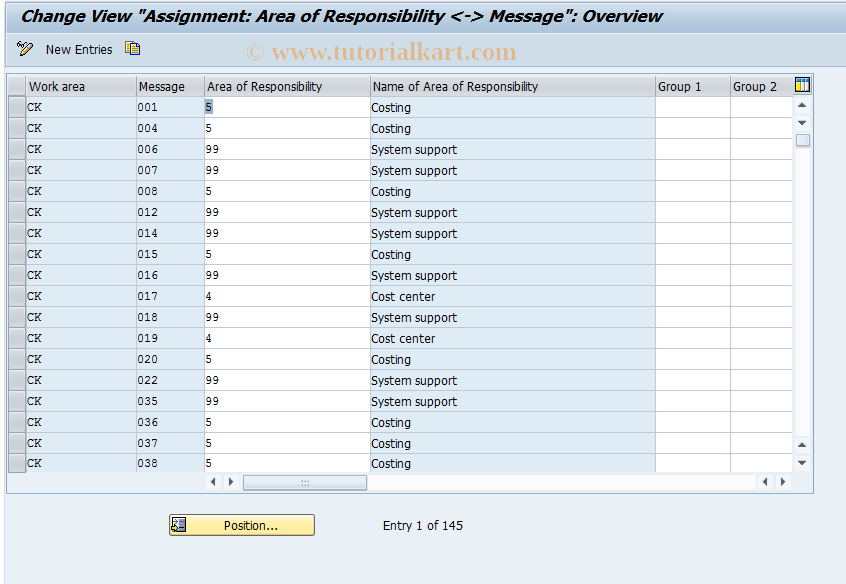 SAP TCode OPR1 - Area of Responsibility <-> Message