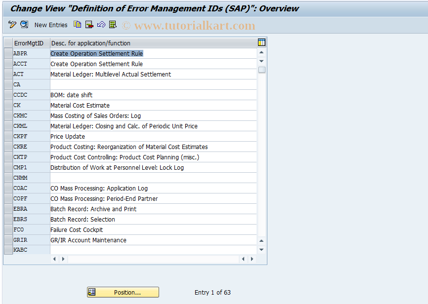 SAP TCode OPR5 - Definition of Error Mgmt IDs (SAP)