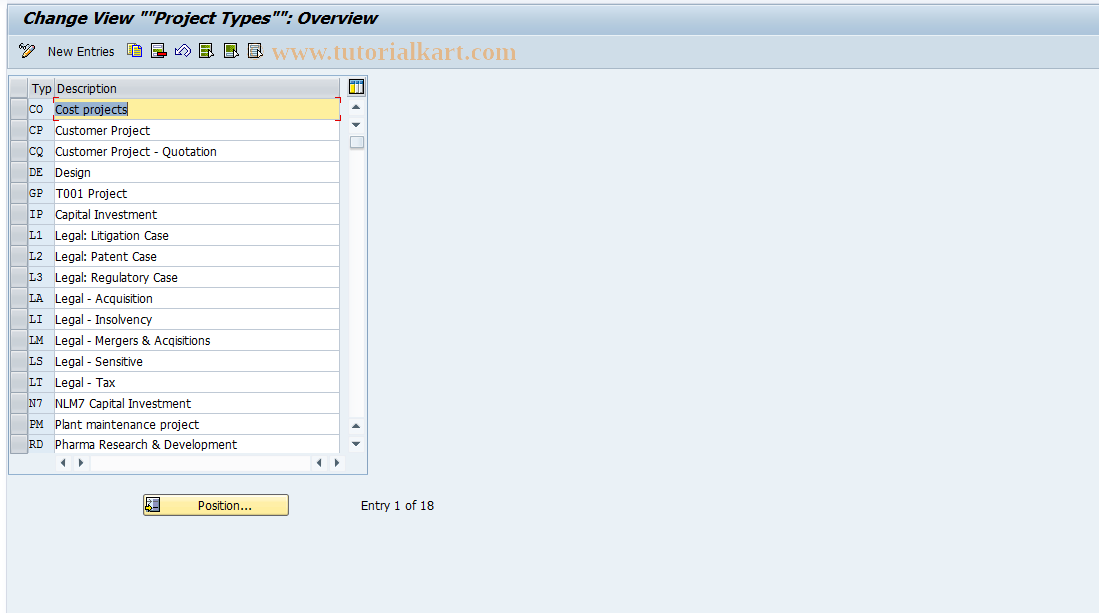 SAP TCode OPSO - Maintain Project Types