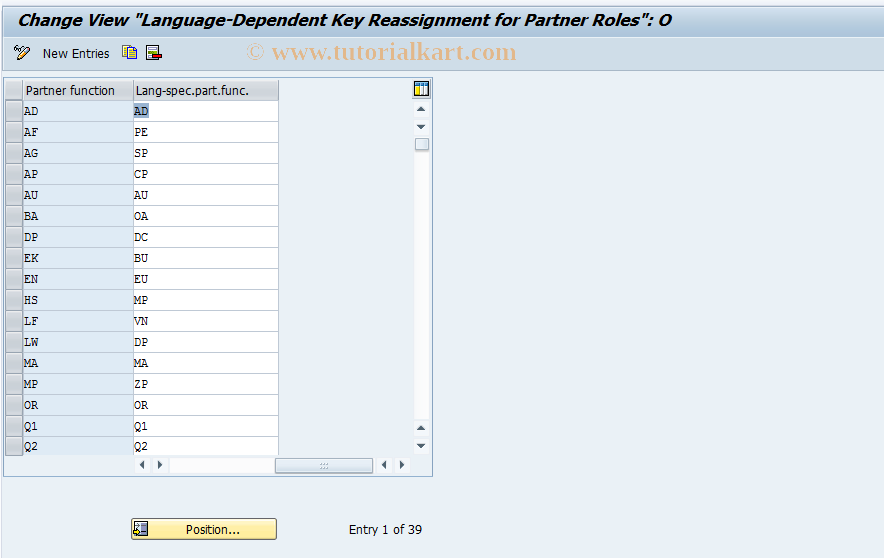 SAP TCode OPSPAR2 - Define Lang.-Department Partner Functions