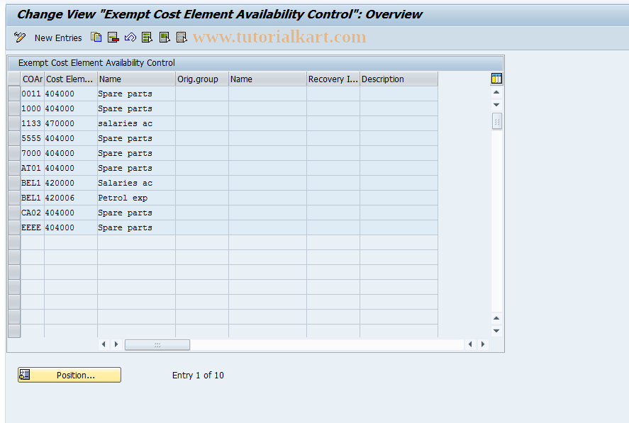 SAP TCode OPTK - Exclude Cost Elems from Avlbty Cntrl