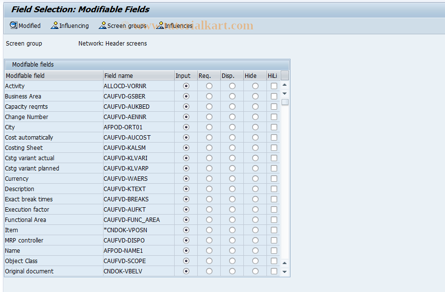 SAP TCode OPUA - Field selection: Network: Header