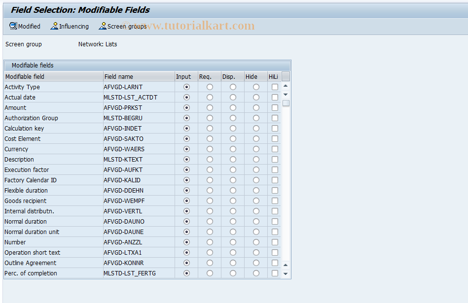 SAP TCode OPUB - Field selection: Network: Overview