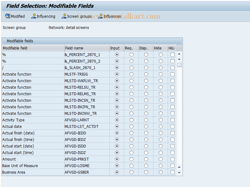 SAP TCode OPUC - Field selection: Network: Details