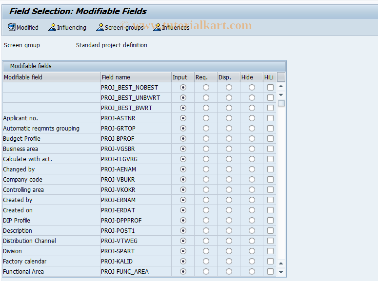 SAP TCode OPUH - Field sel: Standard project definition