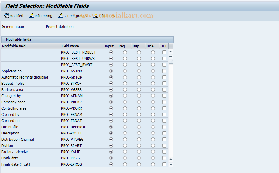 SAP TCode OPUJ - Field selection: Project definition