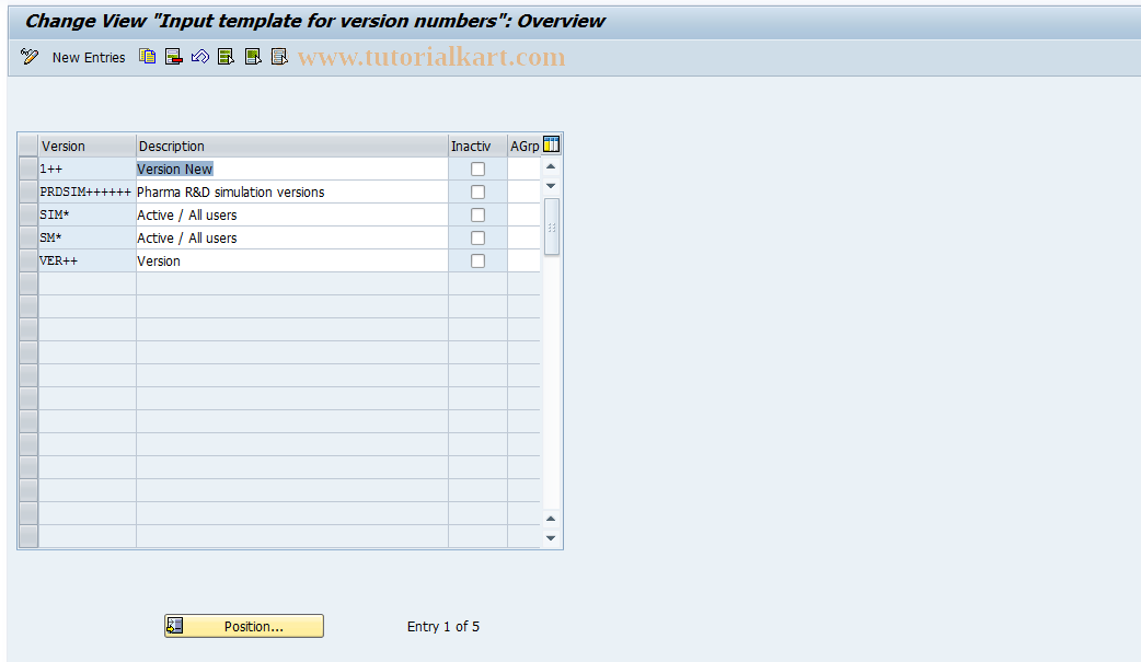 SAP TCode OPUS - Maintain Version Number Entry Mask