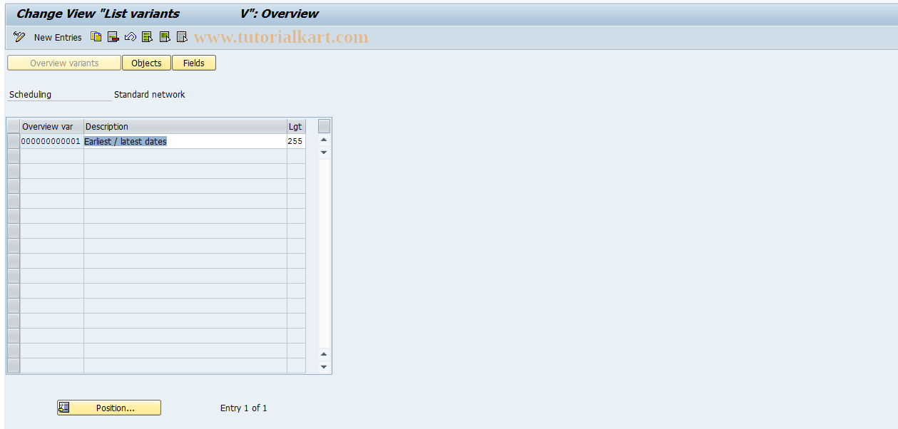 SAP TCode OPUY - Overview variants : Standard ntwrk scheduling
