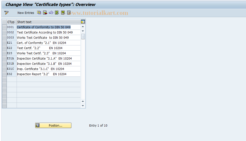 SAP TCode OQB2 - Maintain certificate type